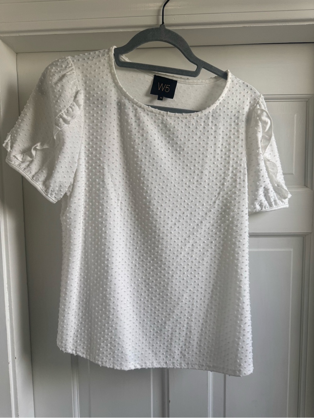 W5 White Swiss Dot Puff Sleeve Short Sleeve Top